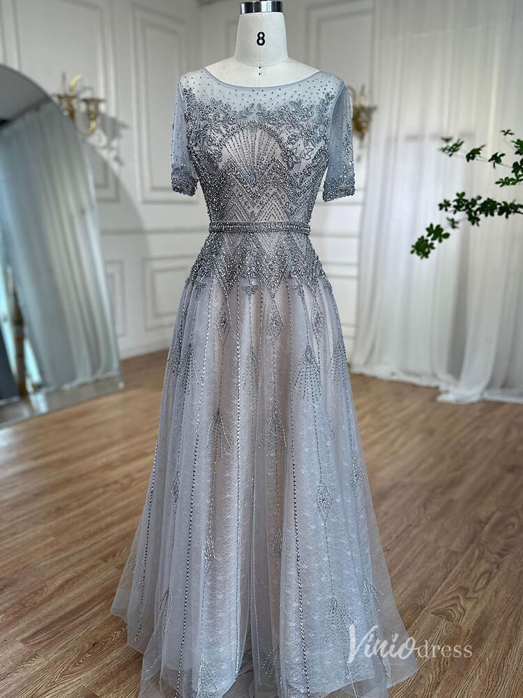 Silver Beaded Short Sleeve Evening Dresses A-Line Boat Neck Mother of the Bride Dress AD1132-prom dresses-Viniodress-Silver-US 2-Viniodress