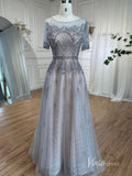 Silver Beaded Short Sleeve Evening Dresses A-Line Boat Neck Mother of the Bride Dress AD1132