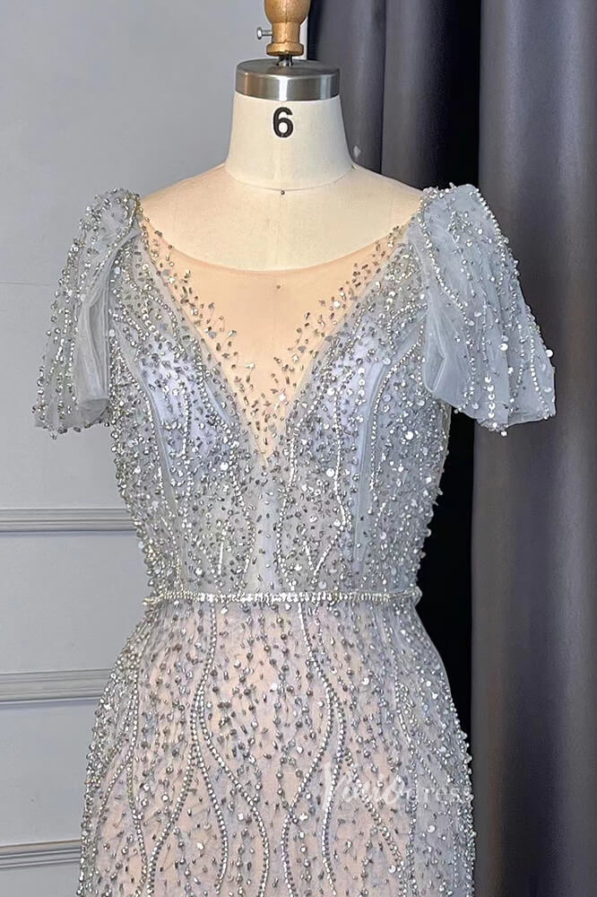 Silver Beaded Short Sleeve Evening Dresses Mermaid Boat Neck Pageant Dress FD3014-Evening Dresses 2025 -Viniodress-Silver-US 2-