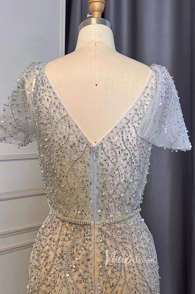 Silver Beaded Short Sleeve Evening Dresses Mermaid Boat Neck Pageant Dress FD3014-Evening Dresses 2025 -Viniodress-Silver-US 2-