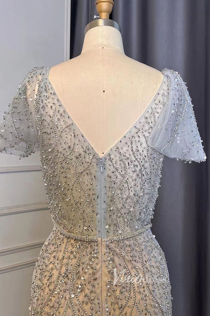 Silver Beaded Short Sleeve Evening Dresses Mermaid Boat Neck Pageant Dress FD3014-Evening Dresses 2025 -Viniodress-Silver-US 2-