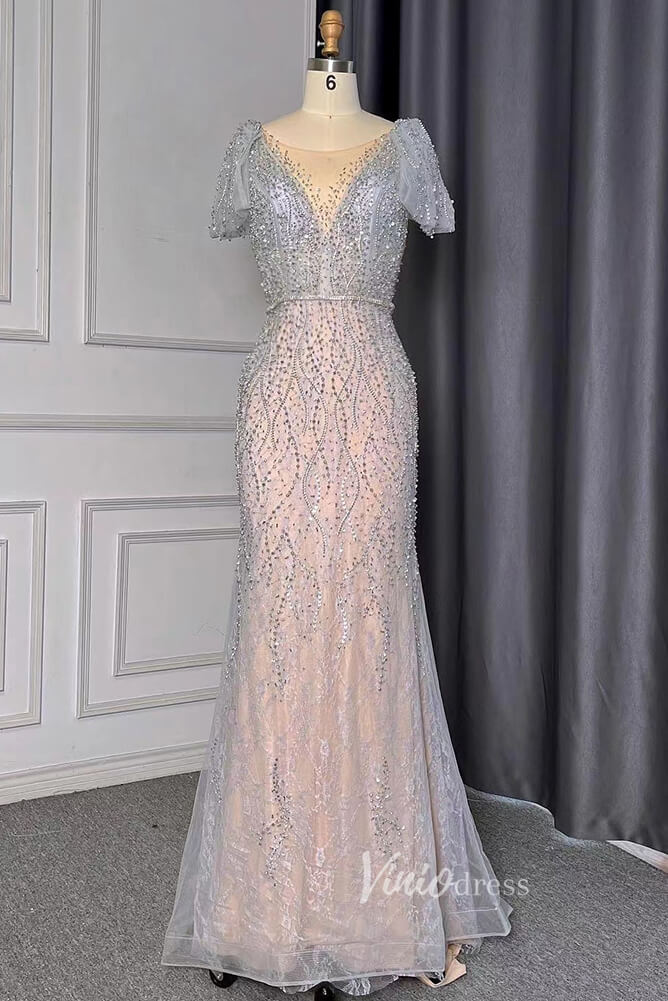 Silver Beaded Short Sleeve Evening Dresses Mermaid Boat Neck Pageant Dress FD3014-Evening Dresses 2025 -Viniodress-Silver-US 2-