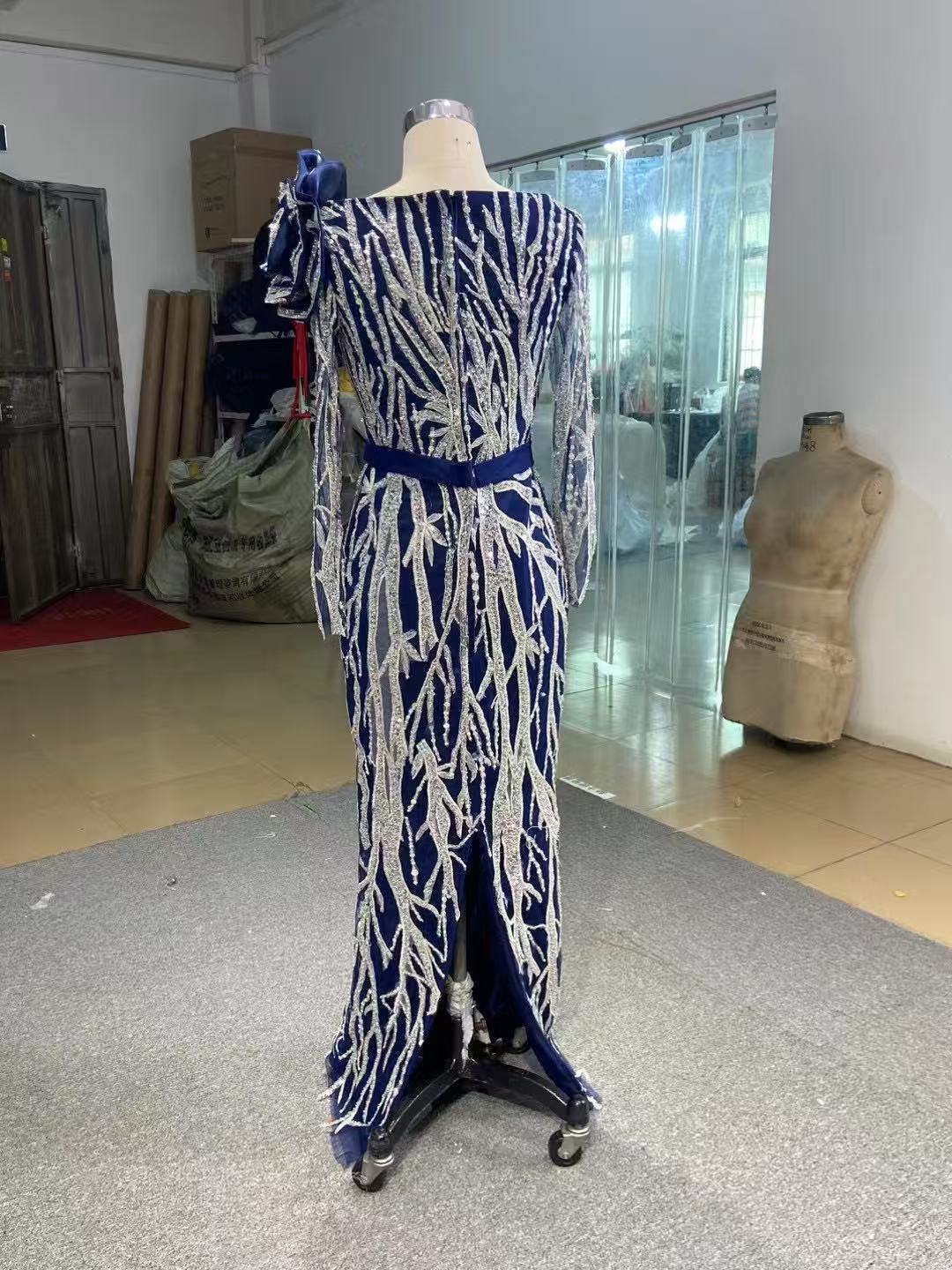 Silver & Blue Pageant Dresses with Long Sleeves Tiered Overskirt FD2409 viniodress-Pageant Dress 2025 -Viniodress-Navy-Fixed-Custom Size