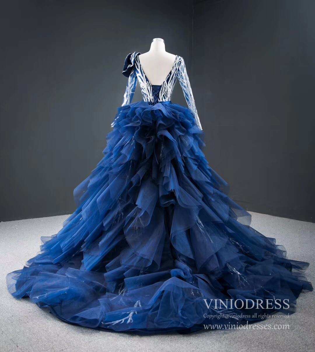 Silver & Blue Pageant Dresses with Long Sleeves Tiered Overskirt FD2409 viniodress-Pageant Dress 2025 -Viniodress-Navy-Fixed-Custom Size