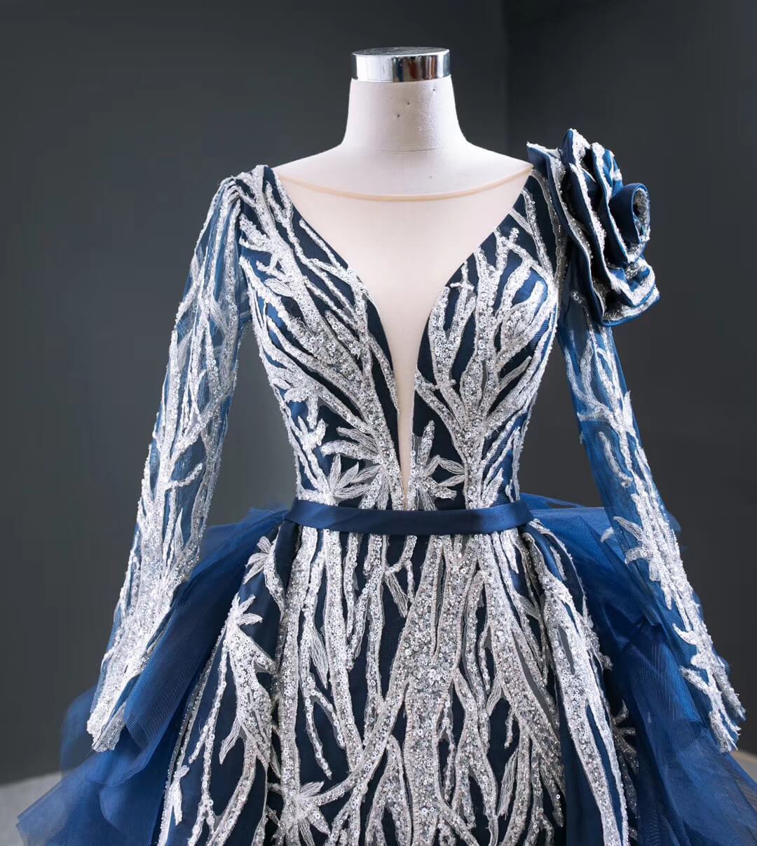 Silver & Blue Pageant Dresses with Long Sleeves Tiered Overskirt FD2409 viniodress-Pageant Dress 2025 -Viniodress-Navy-Fixed-Custom Size