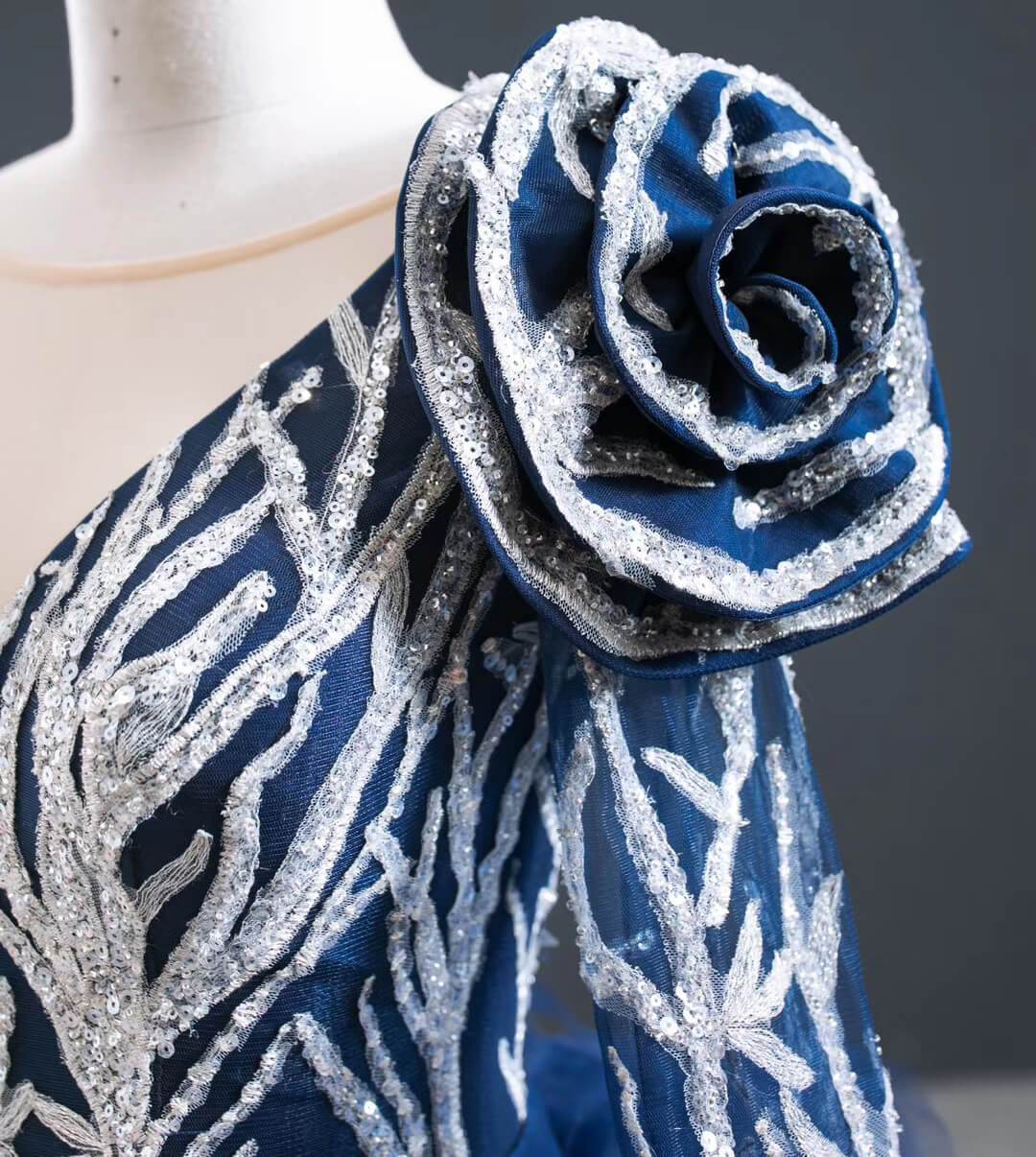 Silver & Blue Pageant Dresses with Long Sleeves Tiered Overskirt FD2409 viniodress-Pageant Dress 2025 -Viniodress-Navy-Fixed-Custom Size