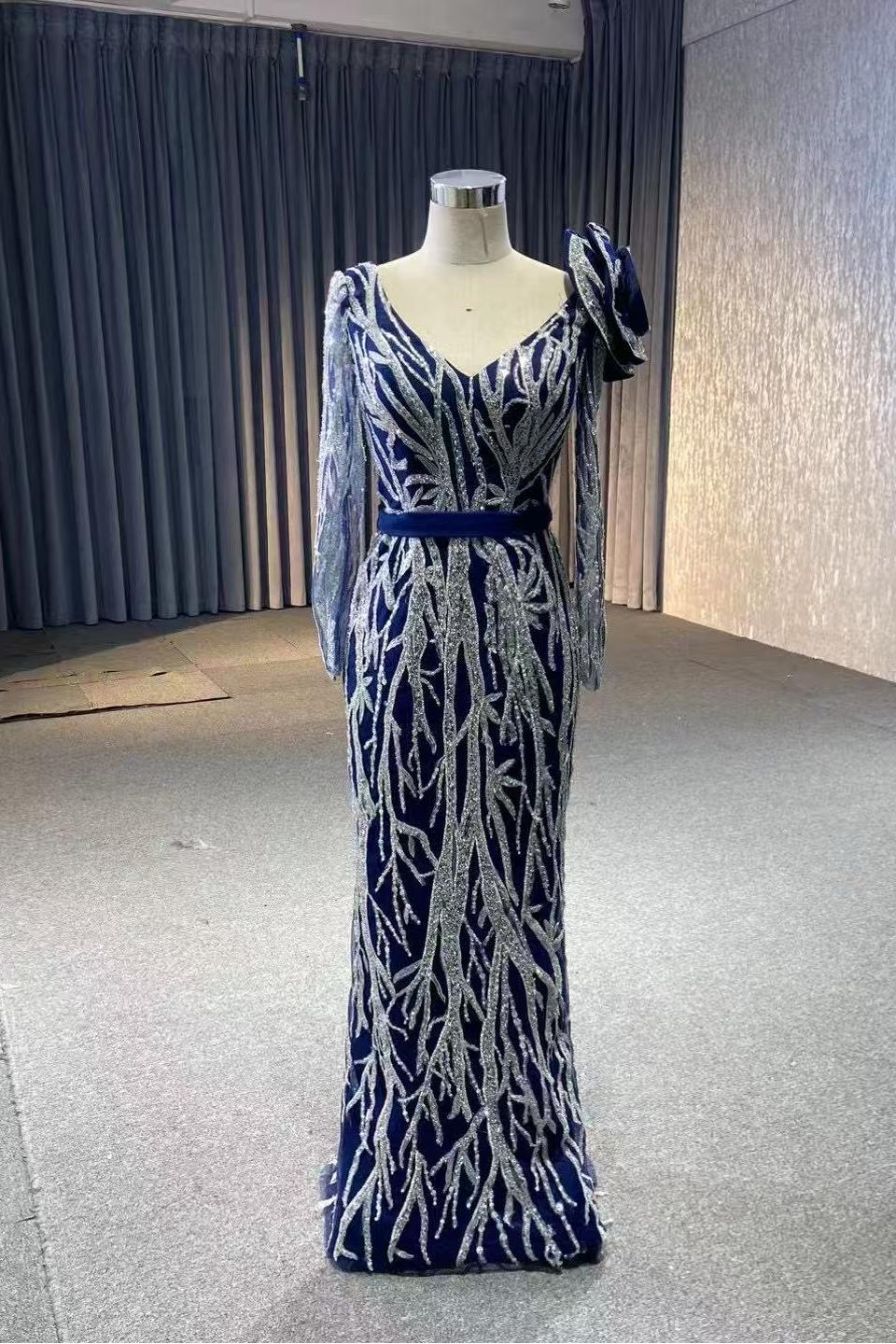 Silver & Blue Pageant Dresses with Long Sleeves Tiered Overskirt FD2409 viniodress-Pageant Dress 2025 -Viniodress-Navy-Fixed-Custom Size