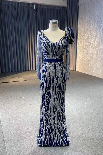 Silver & Blue Pageant Dresses with Long Sleeves Tiered Overskirt FD2409 viniodress-Pageant Dress 2025 -Viniodress-Navy-Fixed-Custom Size