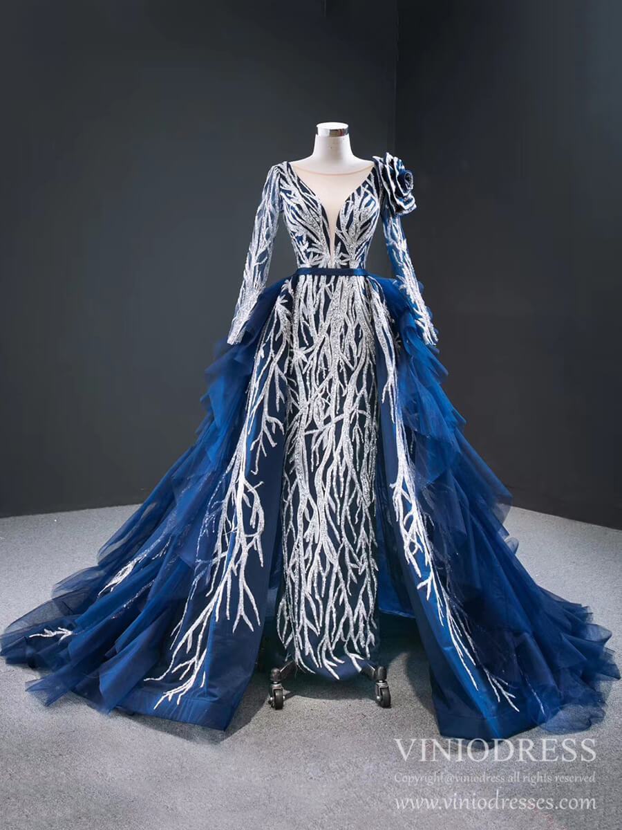 Silver & Blue Pageant Dresses with Long Sleeves Tiered Overskirt FD2409 viniodress-Pageant Dress 2025 -Viniodress-Navy-Fixed-Custom Size