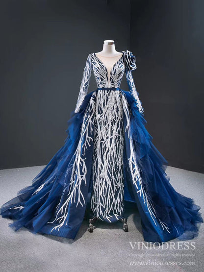 Silver & Blue Pageant Dresses with Long Sleeves Tiered Overskirt FD2409 viniodress-Pageant Dress 2025 -Viniodress-Navy-Fixed-Custom Size