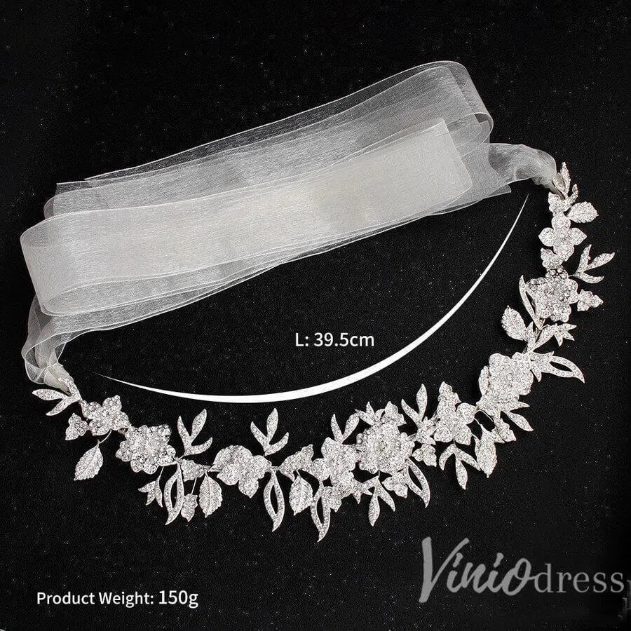 Silver Crystal Floral Bridal Sash with Ivory Ribbon ACC1144-Sashes & Belts 2025 -Viniodress-Silver-