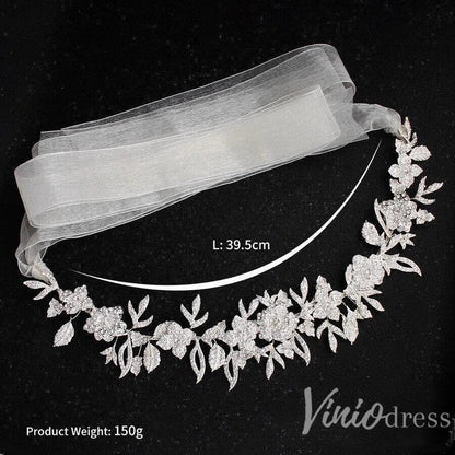 Silver Crystal Floral Bridal Sash with Ivory Ribbon ACC1144-Sashes & Belts 2025 -Viniodress-Silver-