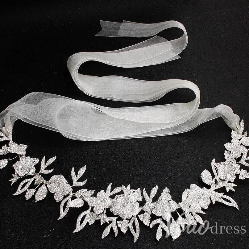 Silver Crystal Floral Bridal Sash with Ivory Ribbon ACC1144-Sashes & Belts 2025 -Viniodress-Silver-