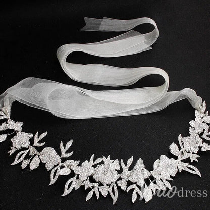 Silver Crystal Floral Bridal Sash with Ivory Ribbon ACC1144-Sashes & Belts 2025 -Viniodress-Silver-
