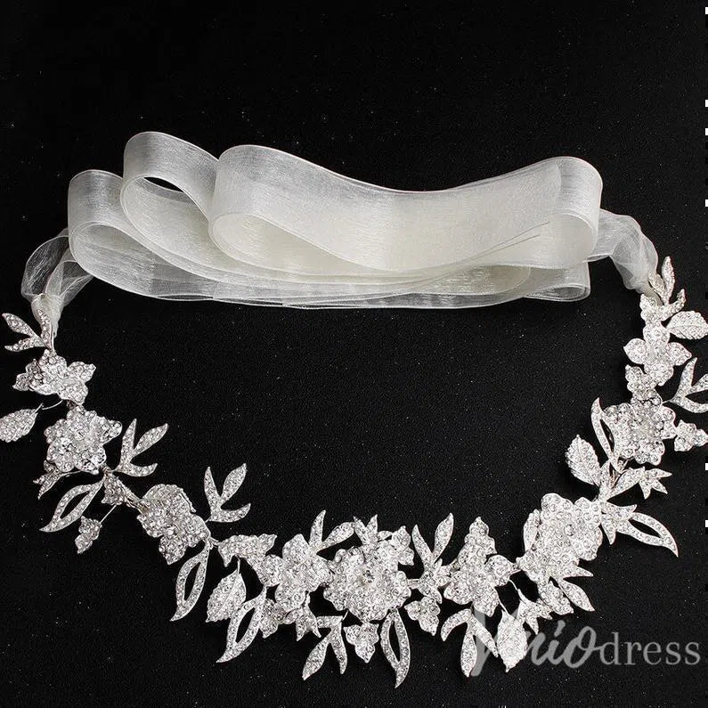 Silver Crystal Floral Bridal Sash with Ivory Ribbon ACC1144-Sashes & Belts 2025 -Viniodress-Silver-
