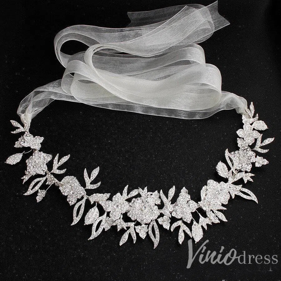 Silver Crystal Floral Bridal Sash with Ivory Ribbon ACC1144-Sashes & Belts 2025 -Viniodress-Silver-