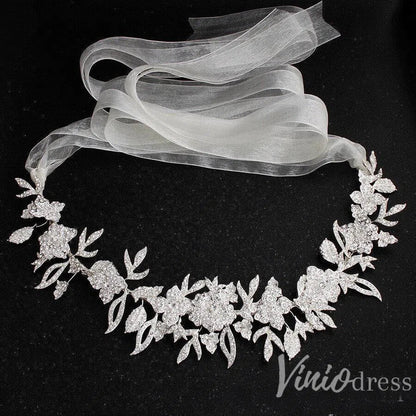 Silver Crystal Floral Bridal Sash with Ivory Ribbon ACC1144-Sashes & Belts 2025 -Viniodress-Silver-