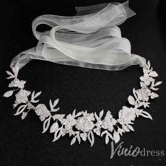 Silver Crystal Floral Bridal Sash with Ivory Ribbon ACC1144-Sashes & Belts-Viniodress-Silver-Viniodress