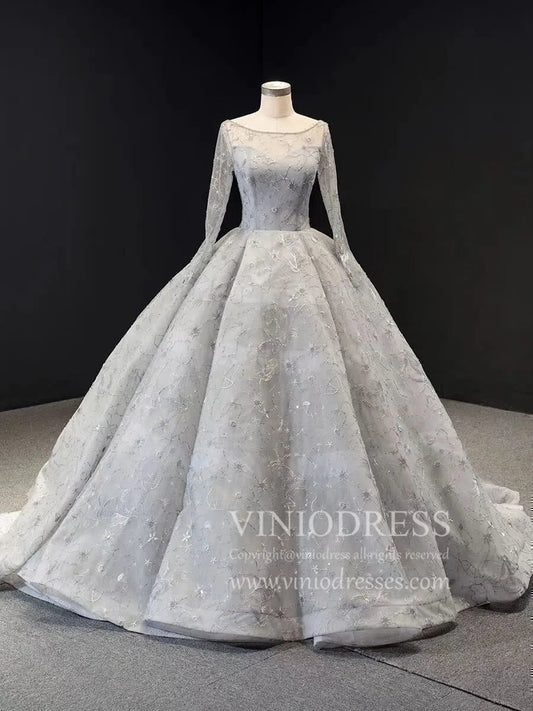Silver Emboridered Long Sleeve Sweet 16 Dresses Ball Gown Quince Dress FD1742 viniodress-prom dresses 2025 -Viniodress-Silver-Custom Size-