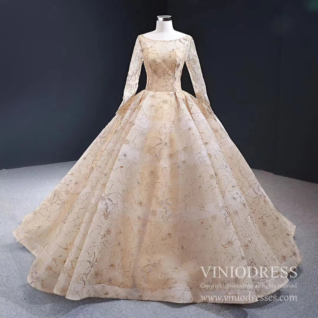 Silver Emboridered Long Sleeve Sweet 16 Dresses Ball Gown Quince Dress FD1742 viniodress-prom dresses 2025 -Viniodress-Gold-Custom Size-