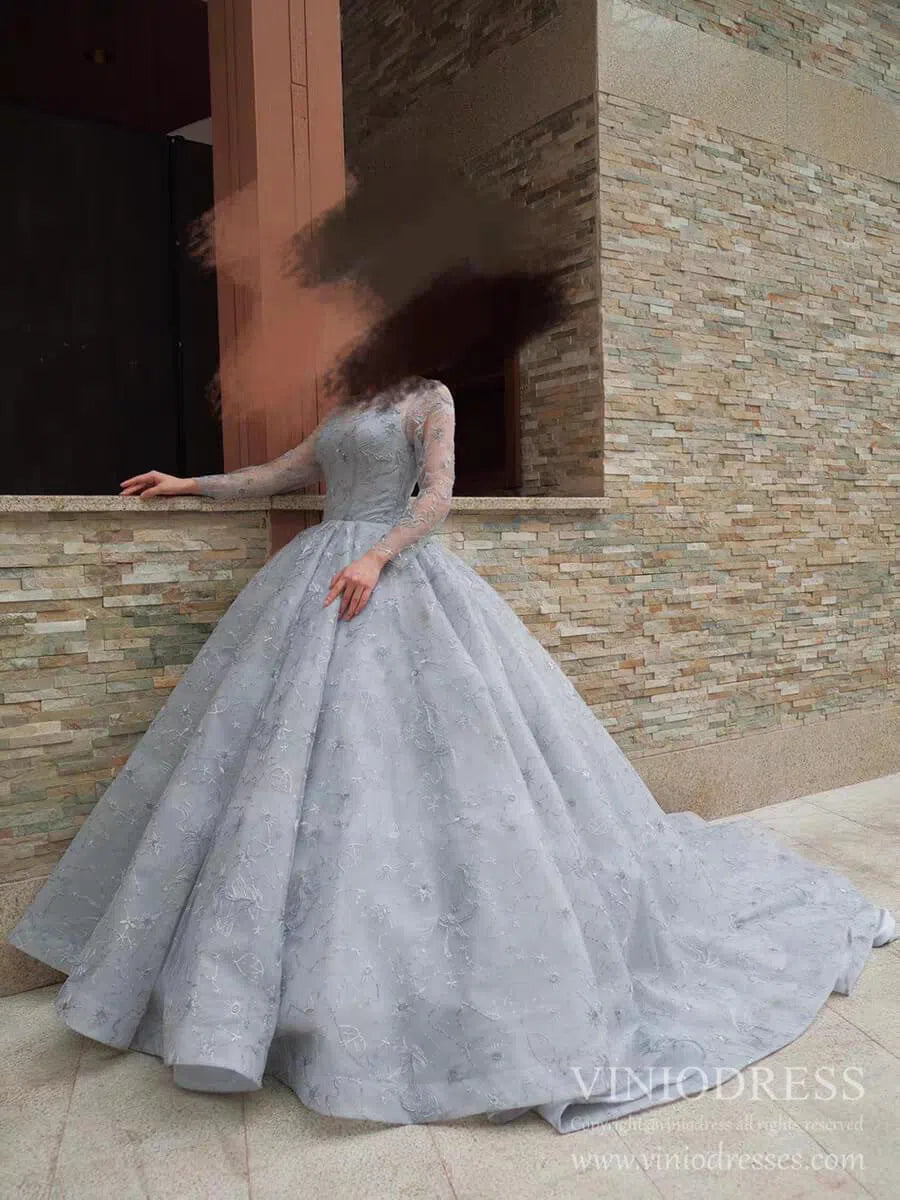Silver Emboridered Long Sleeve Sweet 16 Dresses Ball Gown Quince Dress FD1742 viniodress-prom dresses 2025 -Viniodress-Silver-Custom Size-