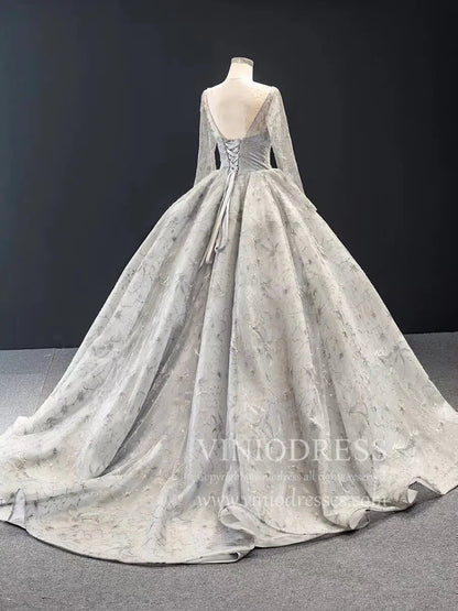 Silver Emboridered Long Sleeve Sweet 16 Dresses Ball Gown Quince Dress FD1742 viniodress-prom dresses 2025 -Viniodress-Silver-Custom Size-
