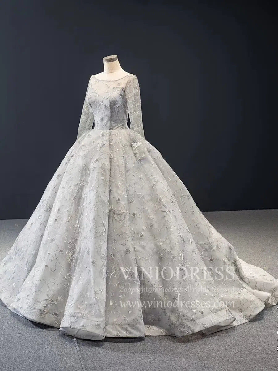Silver Emboridered Long Sleeve Sweet 16 Dresses Ball Gown Quince Dress FD1742 viniodress-prom dresses 2025 -Viniodress-Silver-Custom Size-