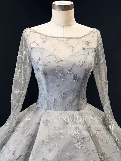 Silver Emboridered Long Sleeve Sweet 16 Dresses Ball Gown Quince Dress FD1742 viniodress-prom dresses 2025 -Viniodress-Silver-Custom Size-
