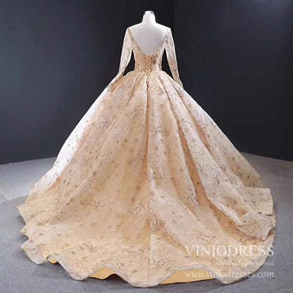 Silver Emboridered Long Sleeve Sweet 16 Dresses Ball Gown Quince Dress FD1742 viniodress-prom dresses 2025 -Viniodress-Silver-Custom Size-