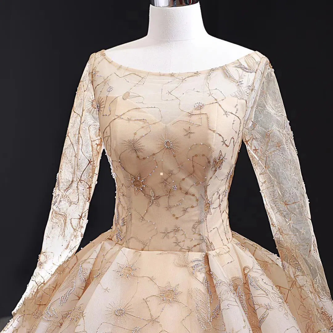 Silver Emboridered Long Sleeve Sweet 16 Dresses Ball Gown Quince Dress FD1742 viniodress-prom dresses 2025 -Viniodress-Silver-Custom Size-