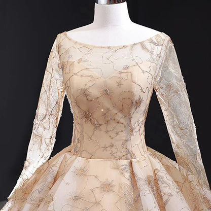 Silver Emboridered Long Sleeve Sweet 16 Dresses Ball Gown Quince Dress FD1742 viniodress-prom dresses 2025 -Viniodress-Silver-Custom Size-