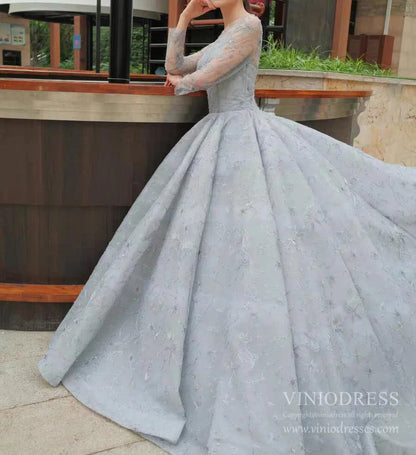 Silver Emboridered Long Sleeve Sweet 16 Dresses Ball Gown Quince Dress FD1742 viniodress-prom dresses 2025 -Viniodress-Silver-Custom Size-