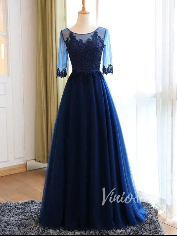 Silver Grey Mother of the Bride Dresses with Sleeves FD1326-formal dresses 2025 -Viniodress-Navy Blue-Custom Size-