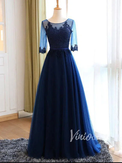 Silver Grey Mother of the Bride Dresses with Sleeves FD1326-formal dresses 2025 -Viniodress-Navy Blue-Custom Size-
