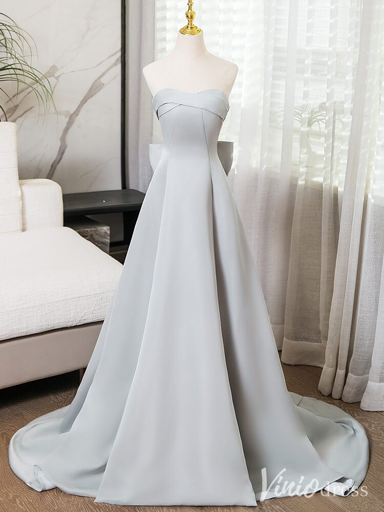 Silver Grey Smooth Satin Prom Dresses Strapless Bow-Tie Formal Dress AD1363-prom dresses 2025 -Viniodress-Silver-Custom Size-