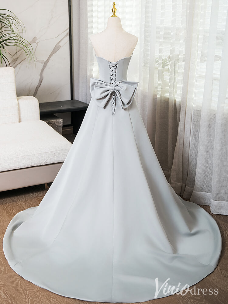 Silver Grey Smooth Satin Prom Dresses Strapless Bow-Tie Formal Dress AD1363-prom dresses-Viniodress-Viniodress