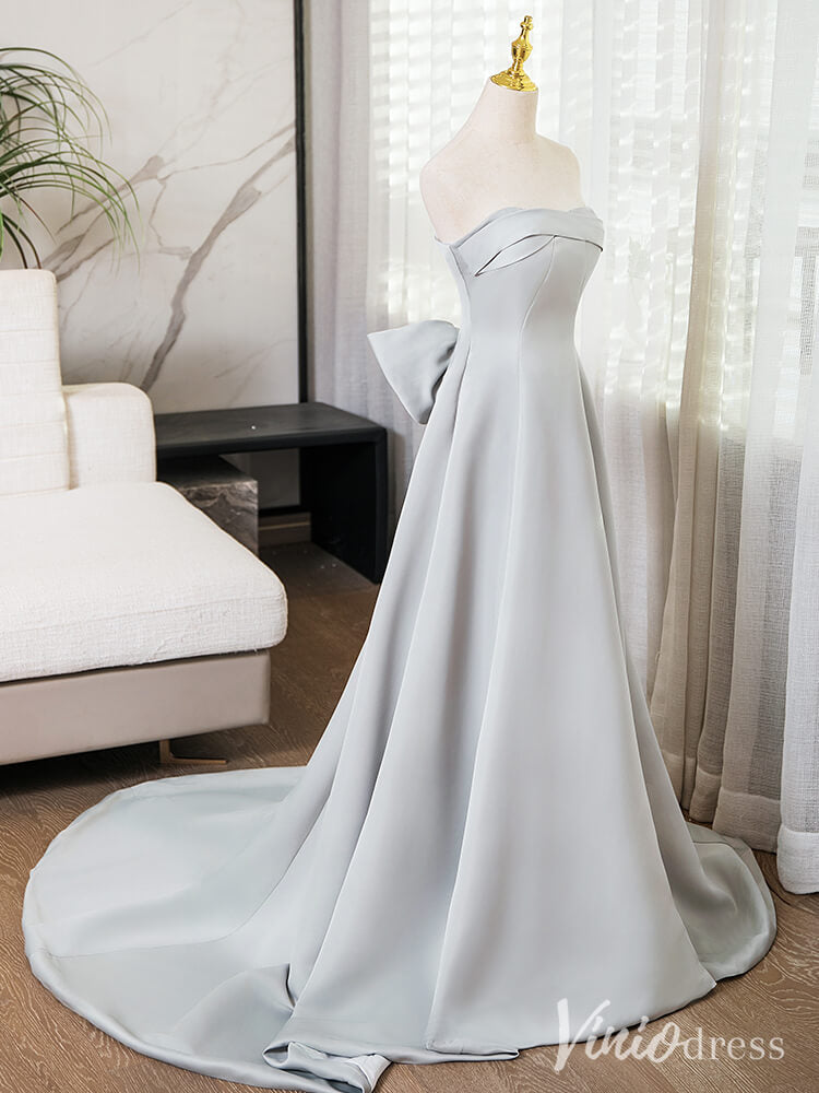 Silver Grey Smooth Satin Prom Dresses Strapless Bow-Tie Formal Dress AD1363-prom dresses-Viniodress-Viniodress