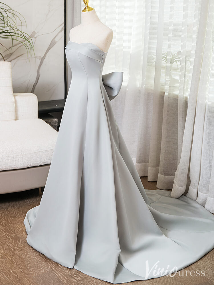 Silver Grey Smooth Satin Prom Dresses Strapless Bow-Tie Formal Dress AD1363-prom dresses-Viniodress-Viniodress