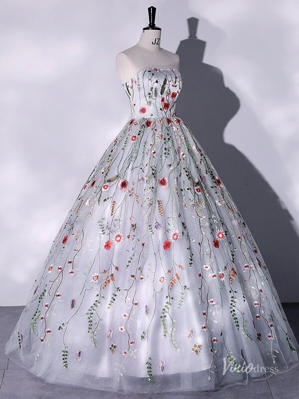 Silver Lace Applique Prom Ball Gown Strapless Floral Quinceanera Dresses BG063-prom dresses 2025 -Viniodress-Silver-Custom Size-