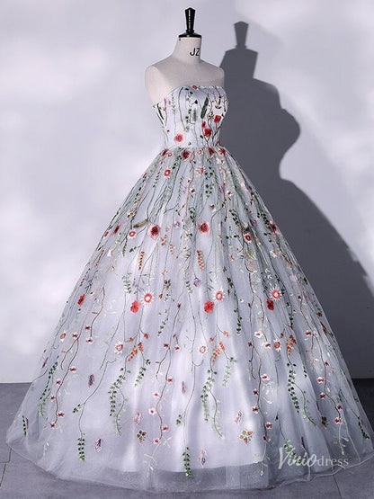 Silver Lace Applique Prom Ball Gown Strapless Floral Quinceanera Dresses BG063-prom dresses 2025 -Viniodress-Silver-Custom Size-