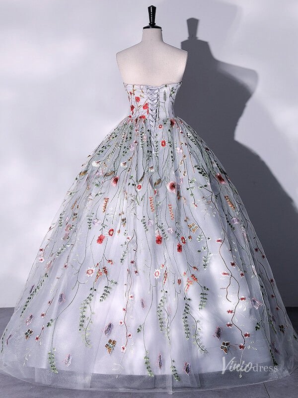 Silver Lace Applique Prom Ball Gown Strapless Floral Quinceanera Dresses BG063-prom dresses 2025 -Viniodress-Silver-Custom Size-