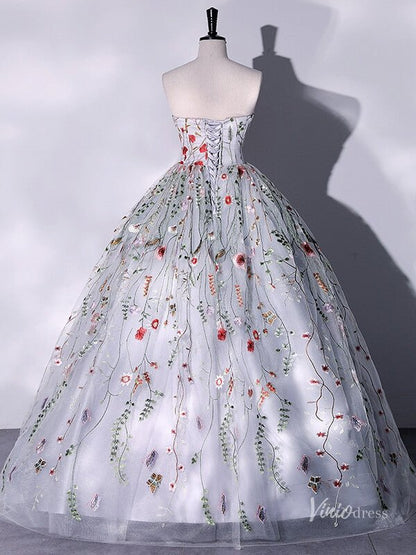 Silver Lace Applique Prom Ball Gown Strapless Floral Quinceanera Dresses BG063-prom dresses 2025 -Viniodress-Silver-Custom Size-