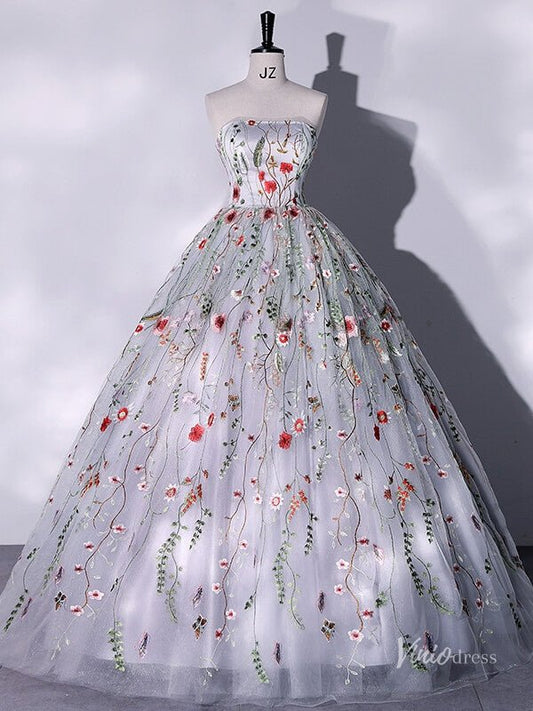 Silver Lace Applique Prom Ball Gown Strapless Floral Quinceanera Dresses BG063-prom dresses 2025 -Viniodress-Silver-Custom Size-