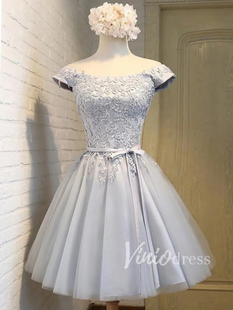 Short Prom Dresses 2025 Silver Lace Homecoming Dresses Off the Shoulder SD1100-homecoming dresses-Viniodress-Silver-Custom Size-Viniodress