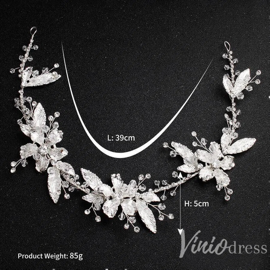 Silver Leaf Bridal Headband with Crystals AC1086-Headpieces 2025 -Viniodress-Silver-