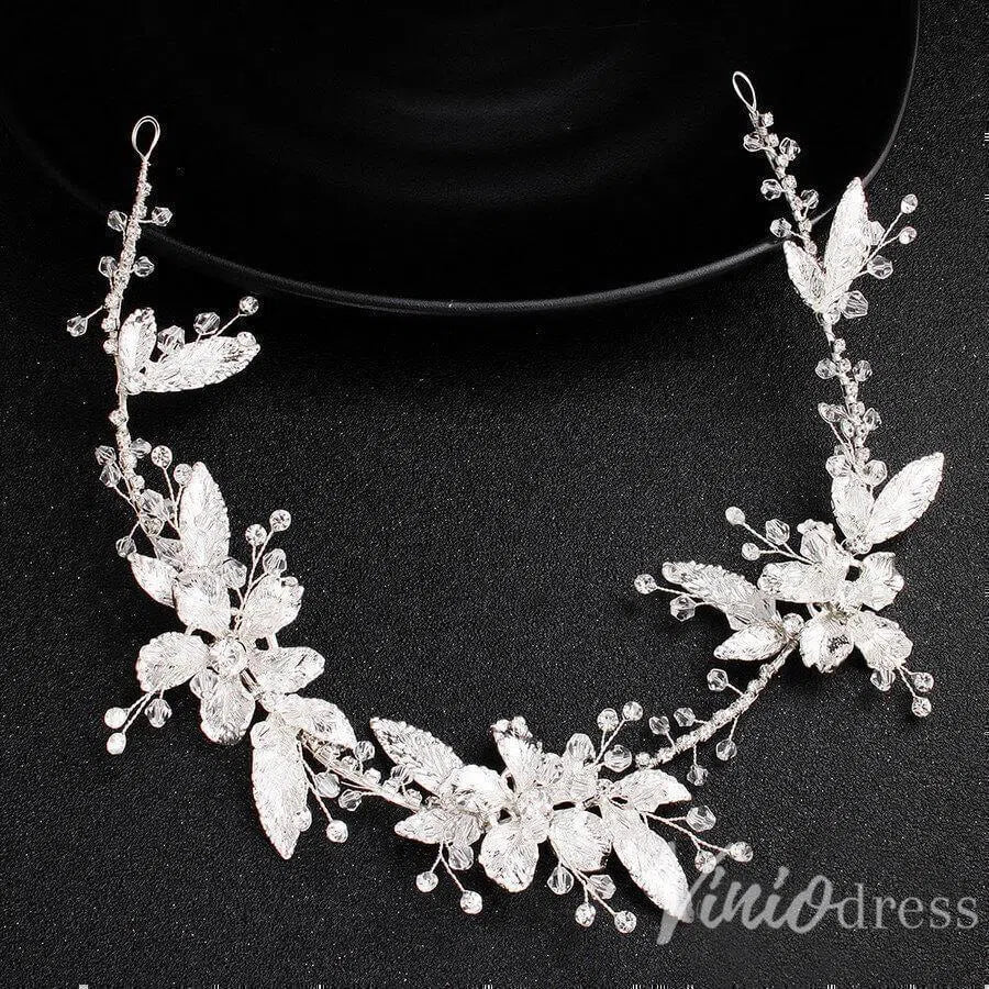 Silver Leaf Bridal Headband with Crystals AC1086-Headpieces 2025 -Viniodress-Silver-