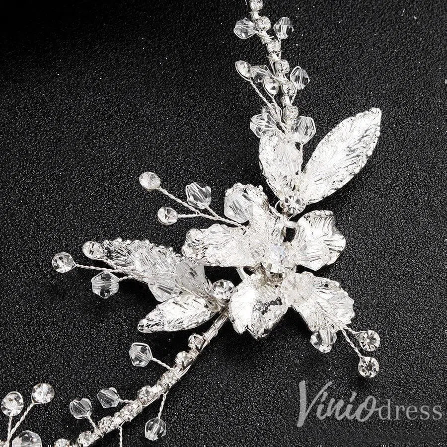 Silver Leaf Bridal Headband with Crystals AC1086-Headpieces 2025 -Viniodress-Silver-