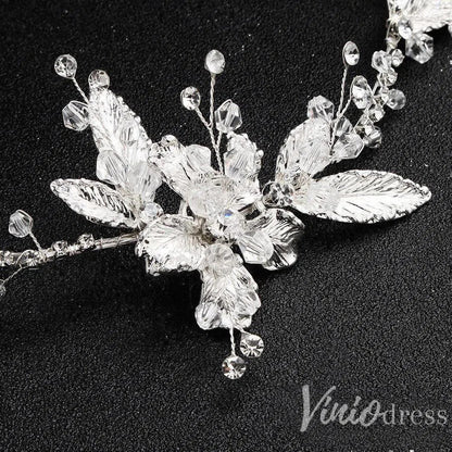 Silver Leaf Bridal Headband with Crystals AC1086-Headpieces 2025 -Viniodress-Silver-