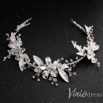 Silver Leaf Bridal Headband with Crystals AC1086-Headpieces 2025 -Viniodress-Silver-