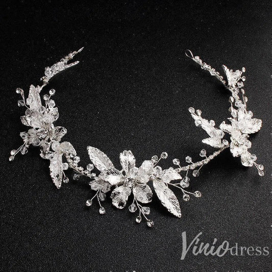 Silver Leaf Bridal Headband with Crystals AC1086-Headpieces 2025 -Viniodress-Silver-